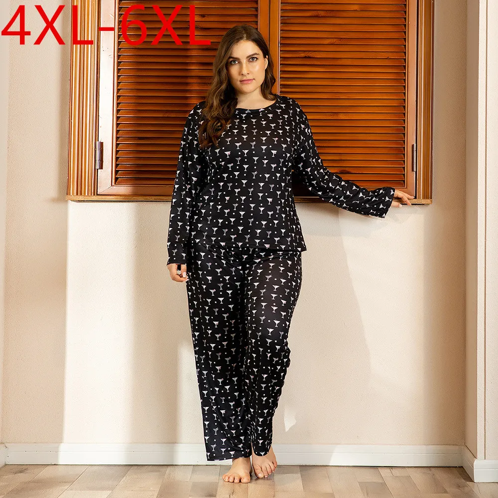 

6XL fit 100KG pajamas set for women Spring autumn home wear suit long sleeve black print T-shirt and pants