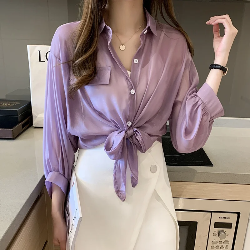 

Women's Chiffon Shirt Cardigan Sunscreen Long Sleeve Solid Color Top Blouses Women