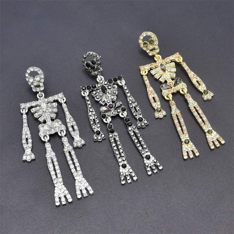 Crystal Skeleton Dangle Earrings Shiny Clear Rhinestone Decor Limbs Skull Stud Charms Pendant Earrings Women Halloween Gift