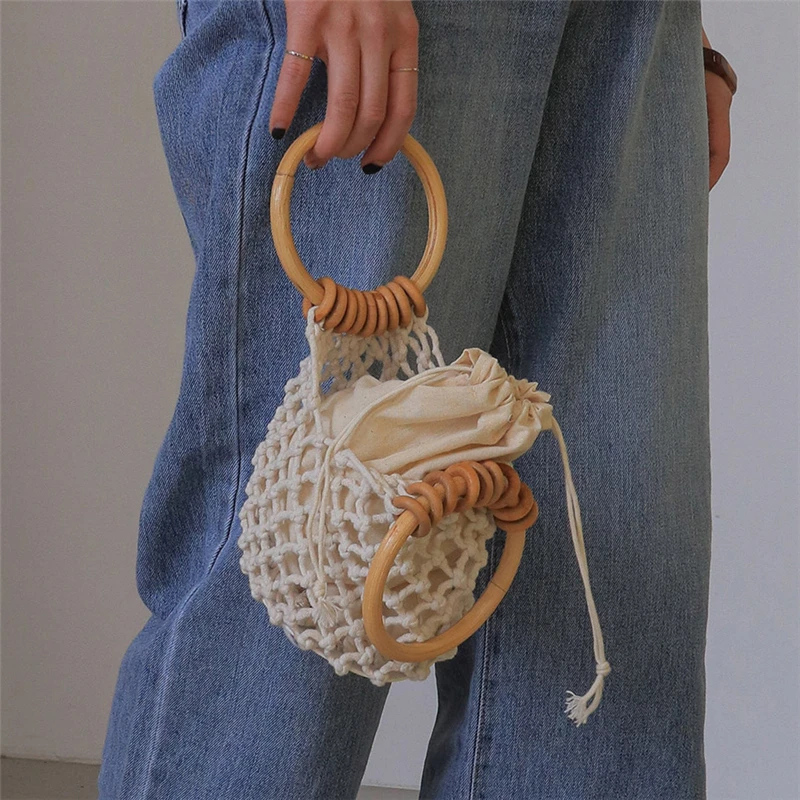 2020 New Woman Girl Fashionable Woven Handbag Beach Style Wood Handle Drawstring Bucket Tote Purse for Daily Life and Vacation