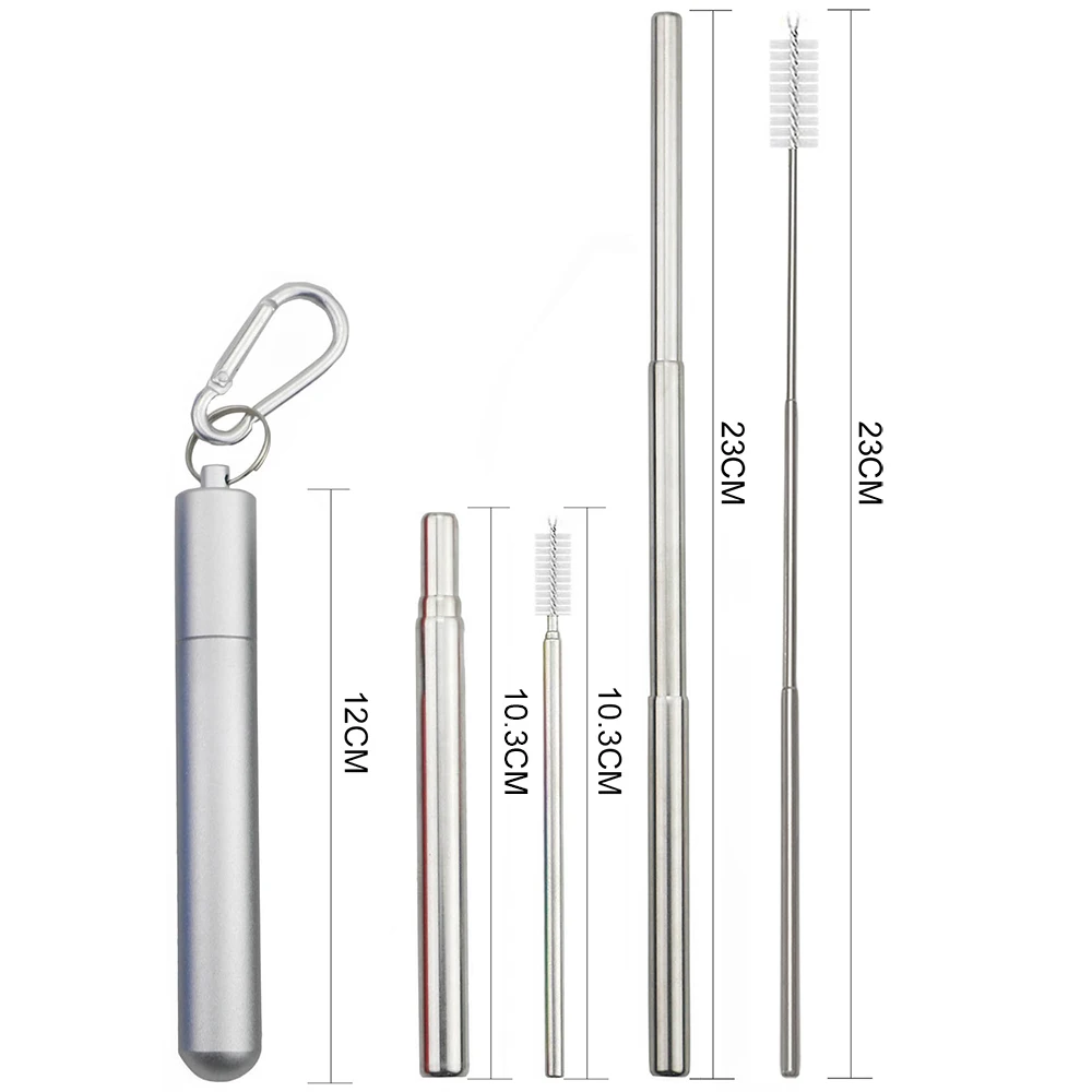 304 Stainless Steel Metal Straw Set Reusable Collapsible Telescopic Straw with Brush Case Portable Drinking Straw Set for Travel