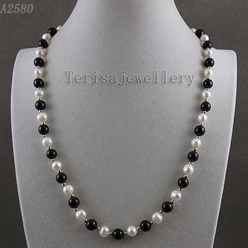 

Terisa Pearljewelry Store AA 8-9MM Black Agates White Genuiine Freshwater Pearl Rhinestone Magnet Clasp Fashion Women Gift