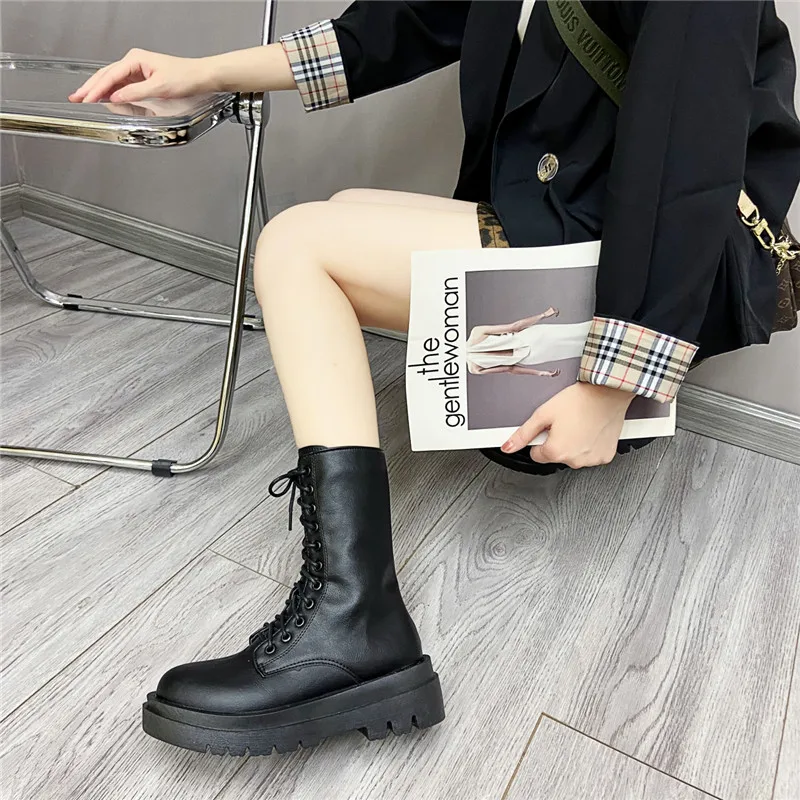 COOTELILI Women Ankle Boots PU Leather 2024 Winter Woman Boots Platform Boots Shoes 5cm Heel Lace UP Zip Plus Size 41 42 43