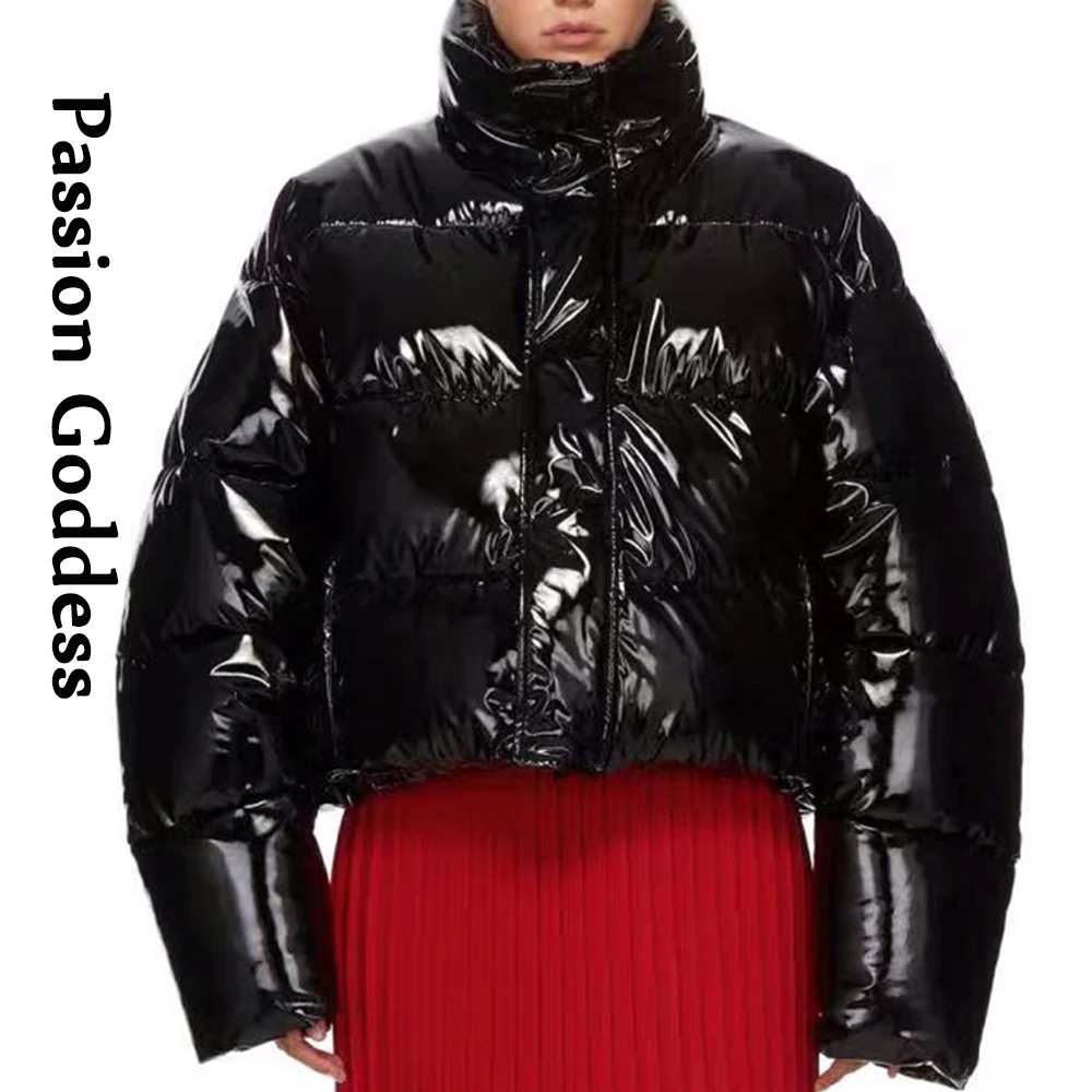 Women Winter Bright PU Puffer Jacket Warm Thick Bubble Coat Oversize Zipper Glossy Leather Down Parka Outerwear Cute Pink Jacket