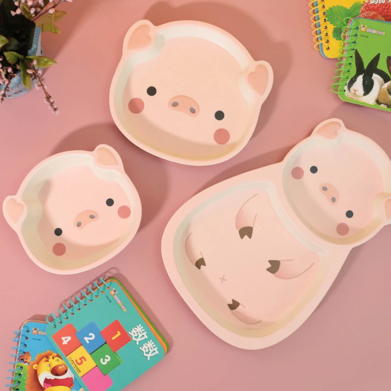 

Kids bamboo fiber tableware children's dinner plate set pig shape plate baby feeding cute cartoon animal anti-fall bowl plate