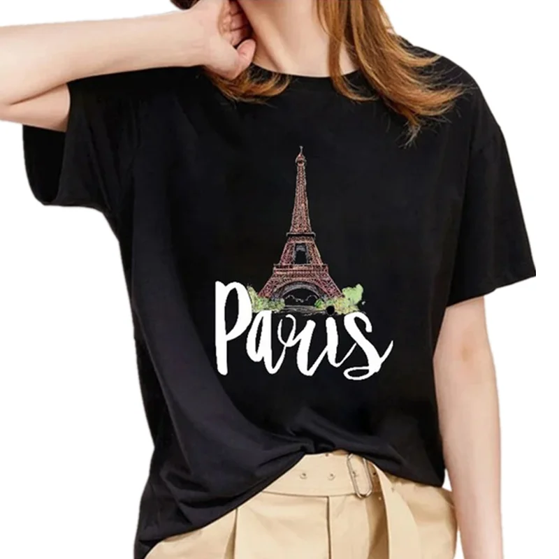 Women's Paris Graphic T Shirts Short Sleeve Tops Base O-neck Black Tees Girls Summer Clothing Fashion Tshirts