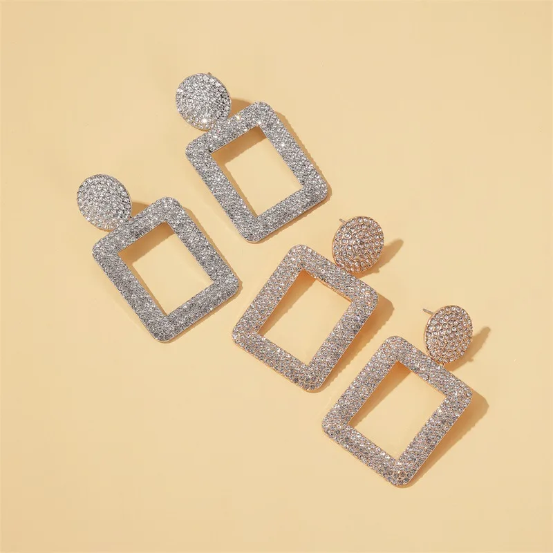 Starry Bling Rhinestone Retro Hollow Alloy Rectangle Golden Silver Plated Dangle Earrings & Drop Earrings for Women