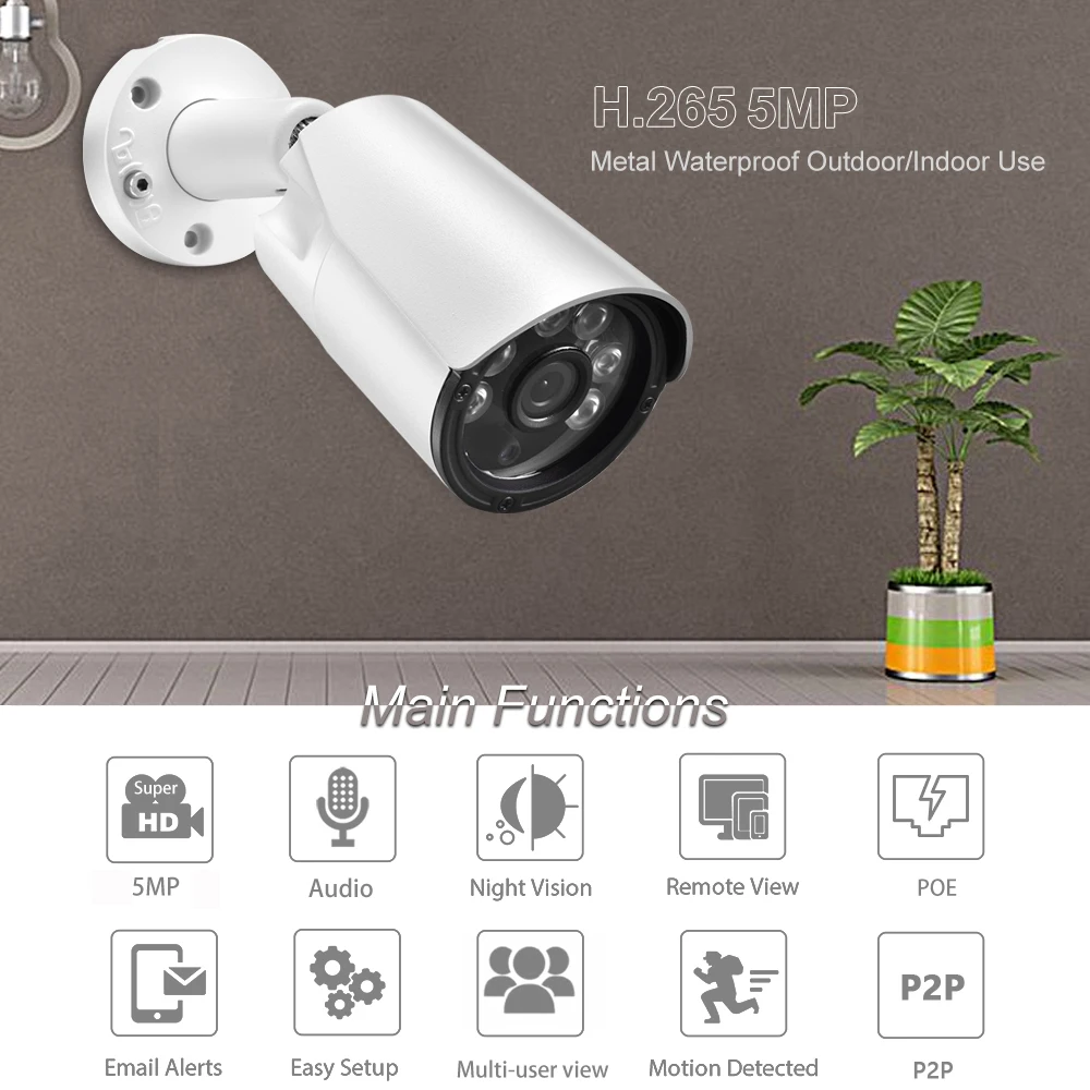 XMEYE Wide Angle 2.8mm H.265X Security IP Camera 5MP 2880X1616 FULL HD Audio POE/DC Metal Outdoor CCTV Camera Face Detection