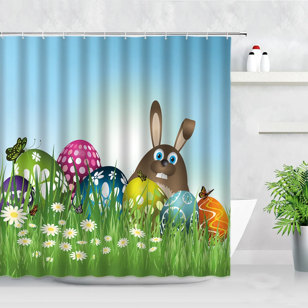 Easter Eggs Rabbit Shower Curtains Bunny White Flowers Green Grass Butterfly Modern Waterproof Home Decor Bathroom Curtain Set