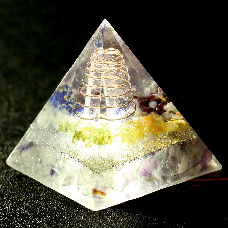 

1pc Resin Energetic Pyramid with Crystal Stone Gravel Rose Quartz Amethyst Crystal Tower Ornaments for Home Decoration