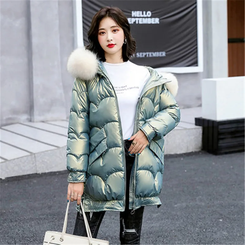 

Winter Soild Women Puffer Coat Long Casual Hooded Fur Ladies Jackets Shiny Padded Cotton Female Parkas with Pockets Outwear A728