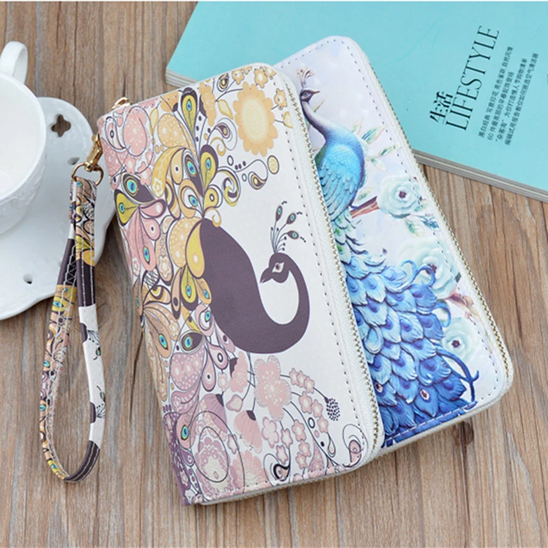 Long Wallets for Women PU Leather Peacock Printing Zipper Wristband Clutch Bag Large Capacity Female Money Clip Card Holder