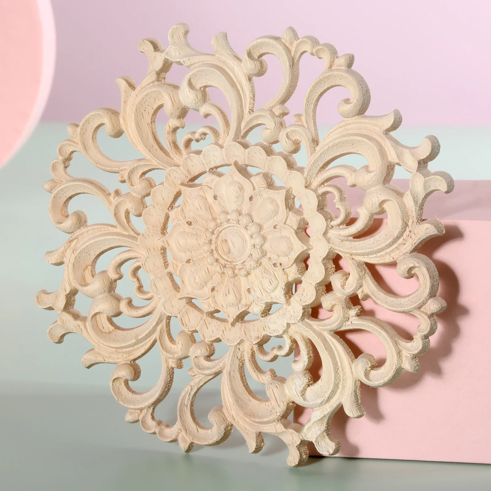 

1pc Round Flower Wood Carving Decal Unpainted Disc Onlay Decor Door Furniture Symmetrical Court European Style 10cm 3D Disc