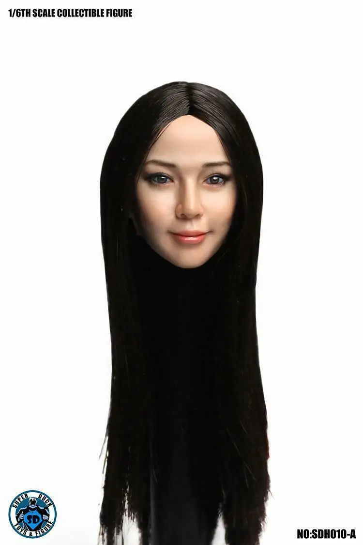 SUPER DUCK 1/6 Asian Beauty Girl Black Long Hair Head Sculpt Carved SDH010A for 12inches Action Figure Body Doll