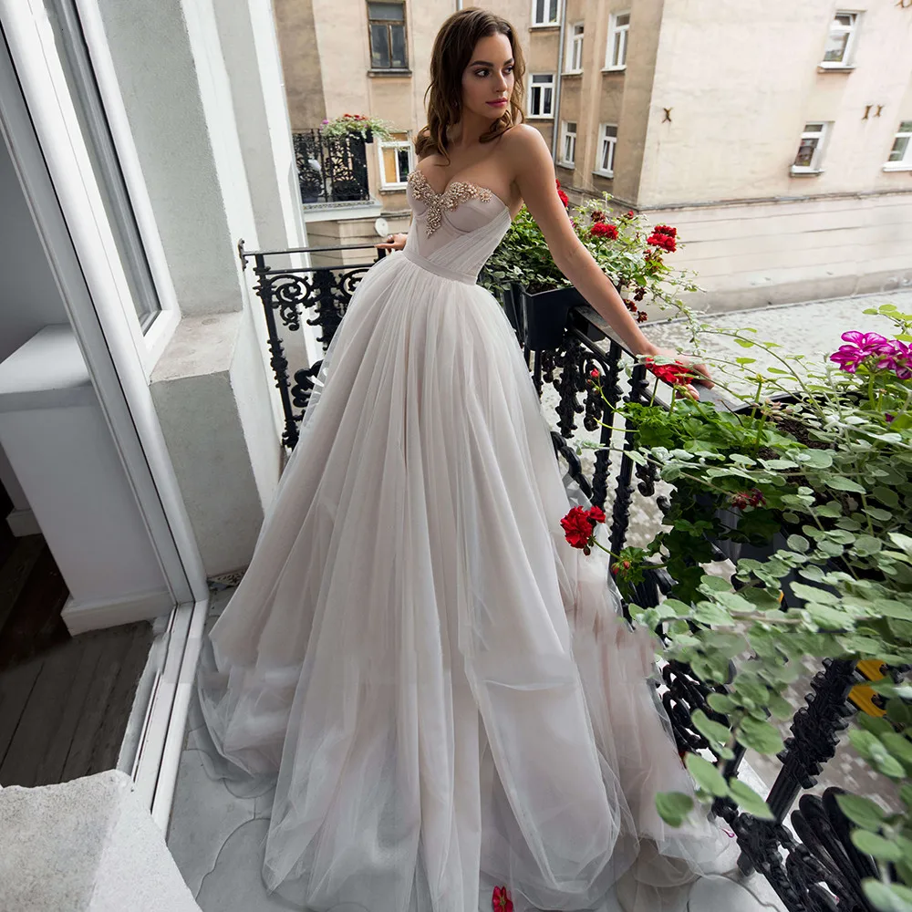 

Boho Garden Beach Wedding Dress Sexy Beads Sweetheart Neck Tulle Sleeveless Backless Vestido De Novia Court Train Bridal Gowns