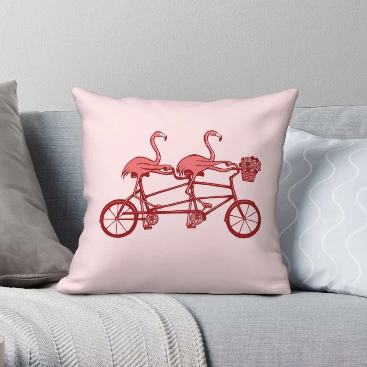 Pink Flamingos On Tandem Bike Pillowcase Polyester Linen Velvet Creative Zip Decor Throw Pillow Case Car Cushion Cover Wholesale