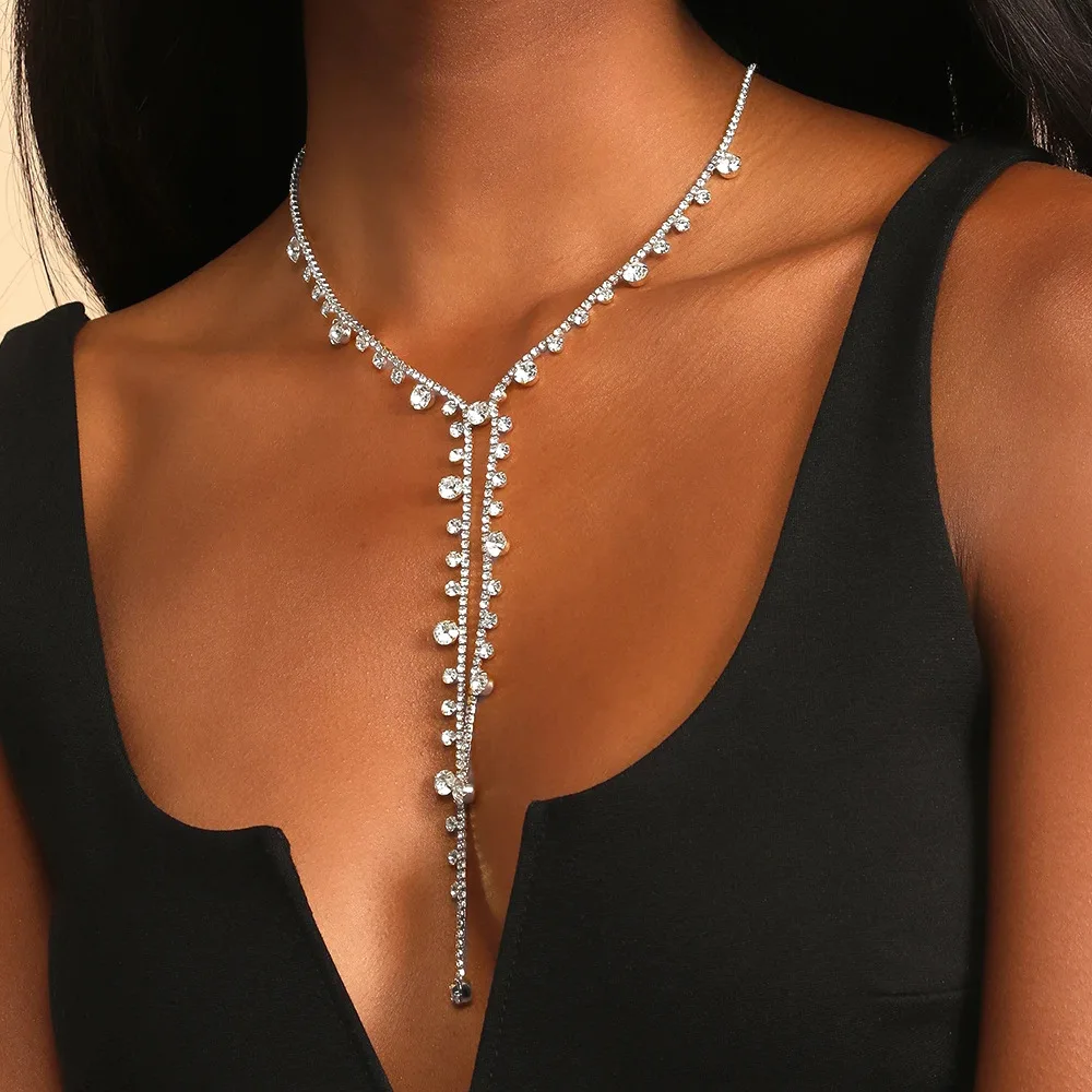 Stonefans Rhinestone Chain Long Tassel Necklace Statement Choker  Fashion Party Jewelry Round Crystal Collar Necklace Women Gift