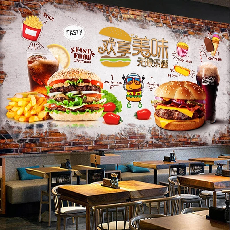 Custom Mural Wallpaper 3D Hand Painted Brick Wall Delicious Burger Fast Food Restaurant Tooling Background Wall Home Decor Oбои