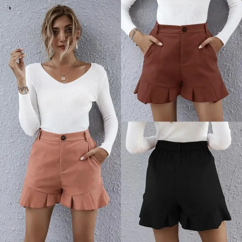 Summer women's shorts fashion pure color flounces go with everything sweet wide leg shorts