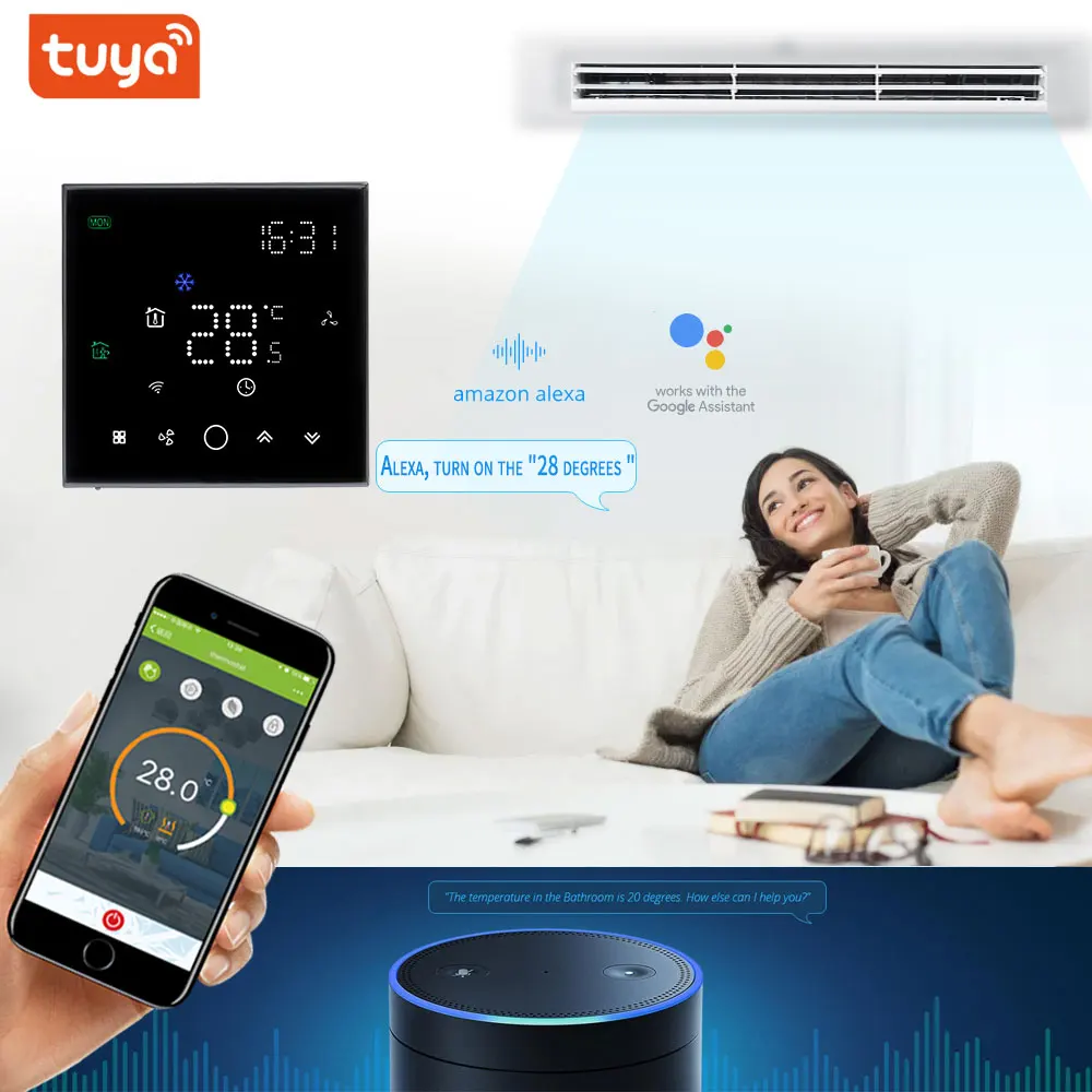 Controlador sem fio inteligente termostato wifi para 4 tubo de aquecimento e refrigeração temperatura 3 velocidade ventilador bobina unidade com alexa google