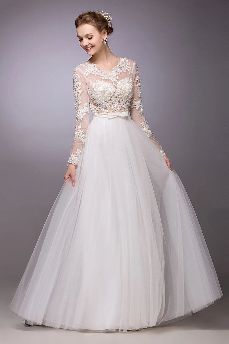 2020 New Arrival Lace Appliques ยาว A-Line เสื้อโบว์ประดับด้วยลูกปัด Brides ดูผ่าน Mariage Champetre Bespoke ชุดแต่งงาน