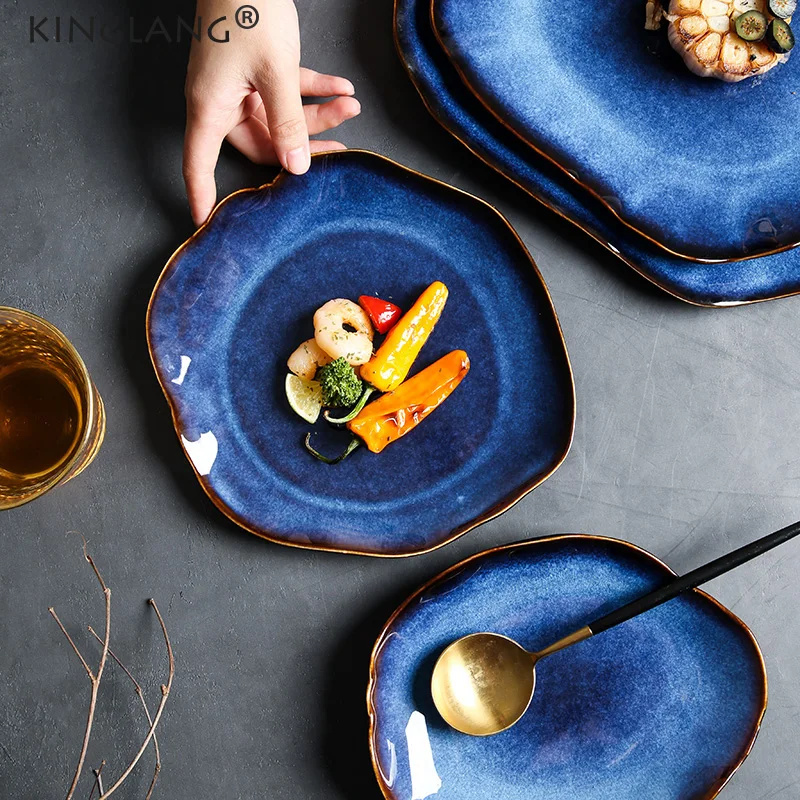 KINGLANG Japanese Style Ceramic Pottery Irregular Dish Plate Ceramic Dinnerware Wholesale Big Flat Plates