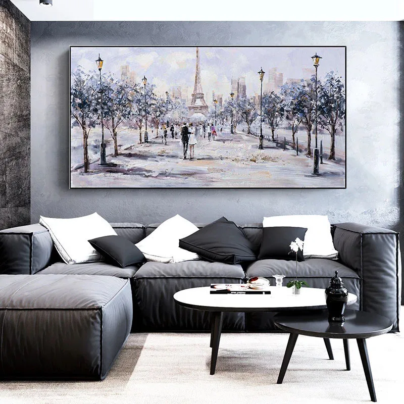 

Paris Eiffel Tower Landscape Hand Painted Romantic City Lovers Abstract Oil Painting on Canvas Wall Art Living Room Home Decor