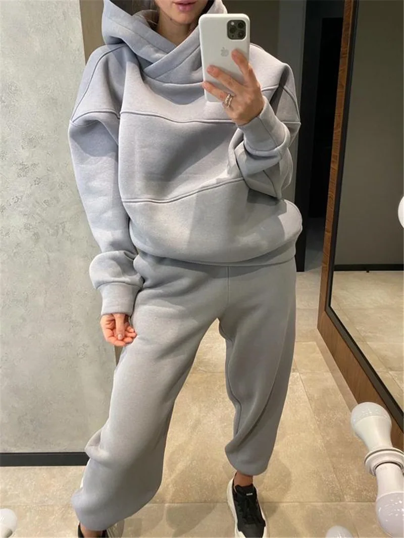 

Fleece Oversized Hooded Women's Tracksuit Two Piece Sets Long Sleeve Hoodie Joggers Female Suit 2022 Winter Lady Sportswear Set