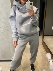 Fleece Oversized Hooded Women's Tracksuit Two Piece Sets Long Sleeve Hoodie Joggers Female Suit 2022 Winter Lady Sportswear Set