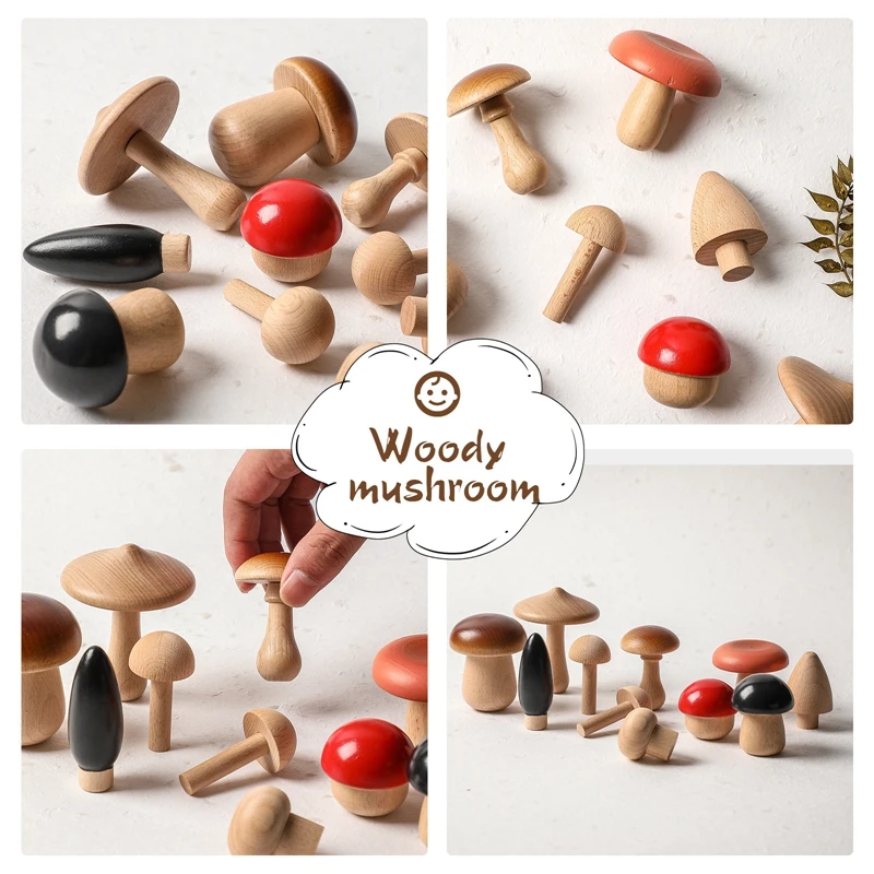 1Set Wood Mushroom Blocks for Children Montessori Educational Wooden Toys Safety Kitchen Utensils Toys Baby Grasp Matching Toy