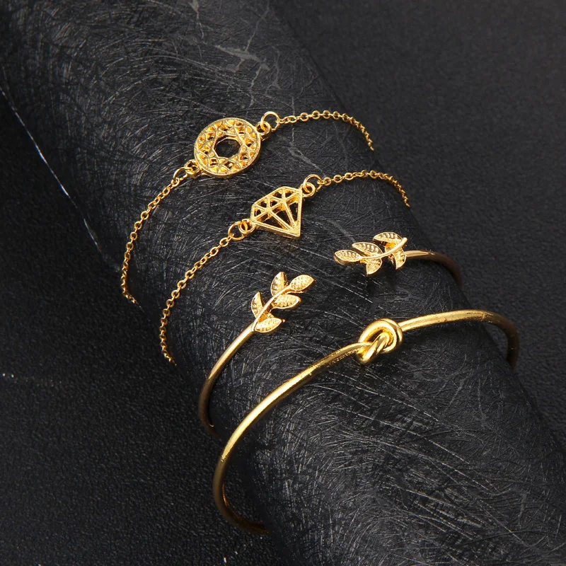4 pcs/set New Boho Bangle vintage leaves knotted openwork Bracelet Set Women Charm Party Wedding Jewelry Accessories