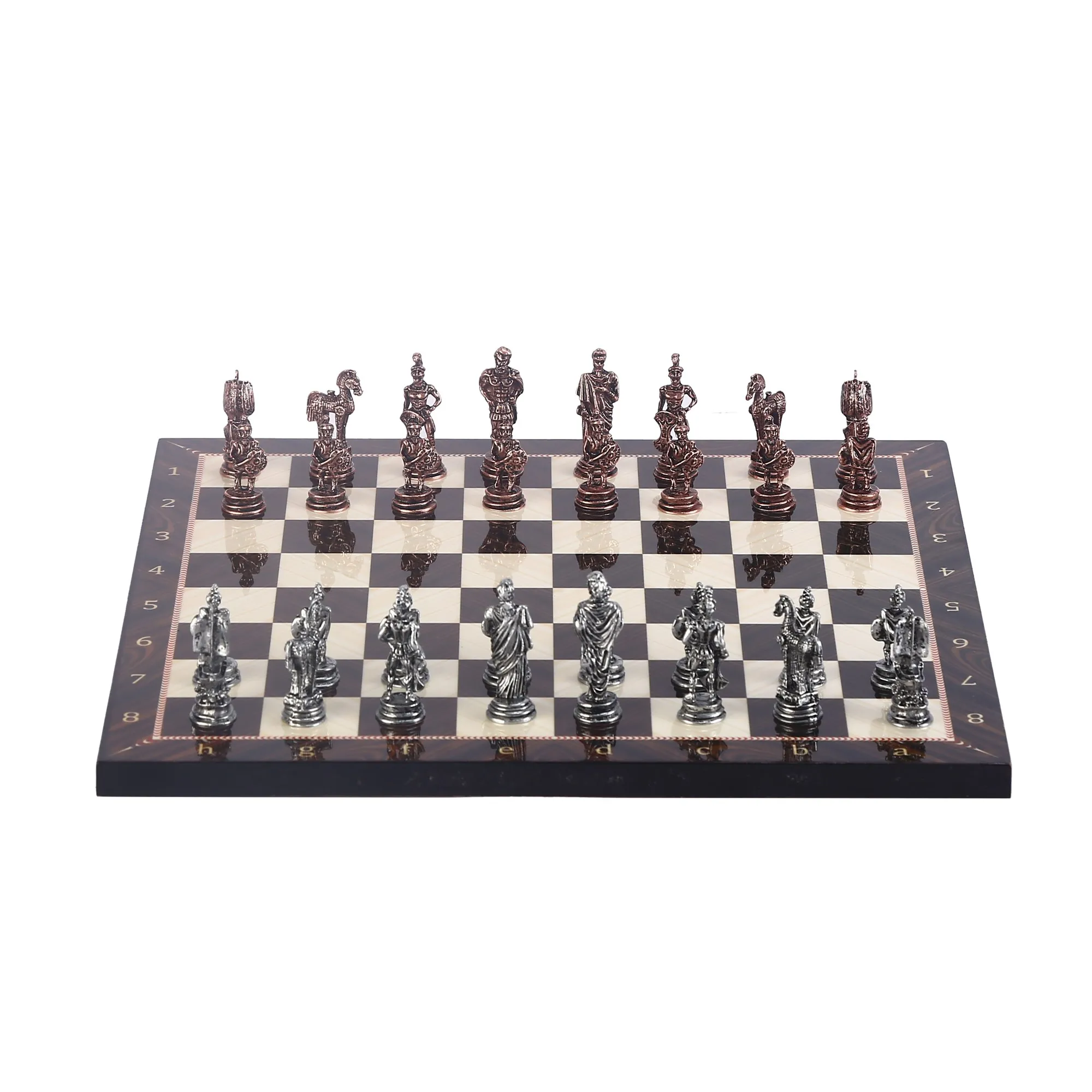 Antique Copper Troy Figures Metal Chess Set Adult Kids Handmade Pieces, walnut Patterned Wood Chess Board Small Size King 5cm