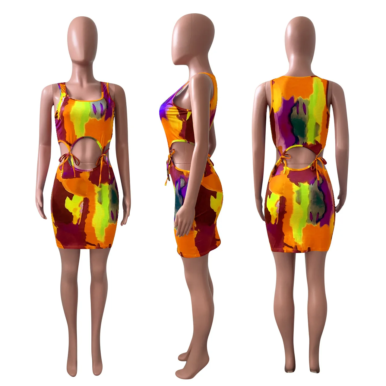 2021 Tie Dye Sexy Mini Dress แขนกุด Cut Out Vestidos Night Club Party ชุด Holiday Beach สวม Bodycon Sundress