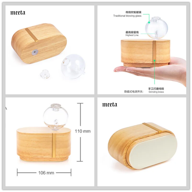 Waterless Nebulizing Essential Oil Diffuser Wooden Glass USB Aromatherapy Air Humidifier with Colorful LED Light for Home Office