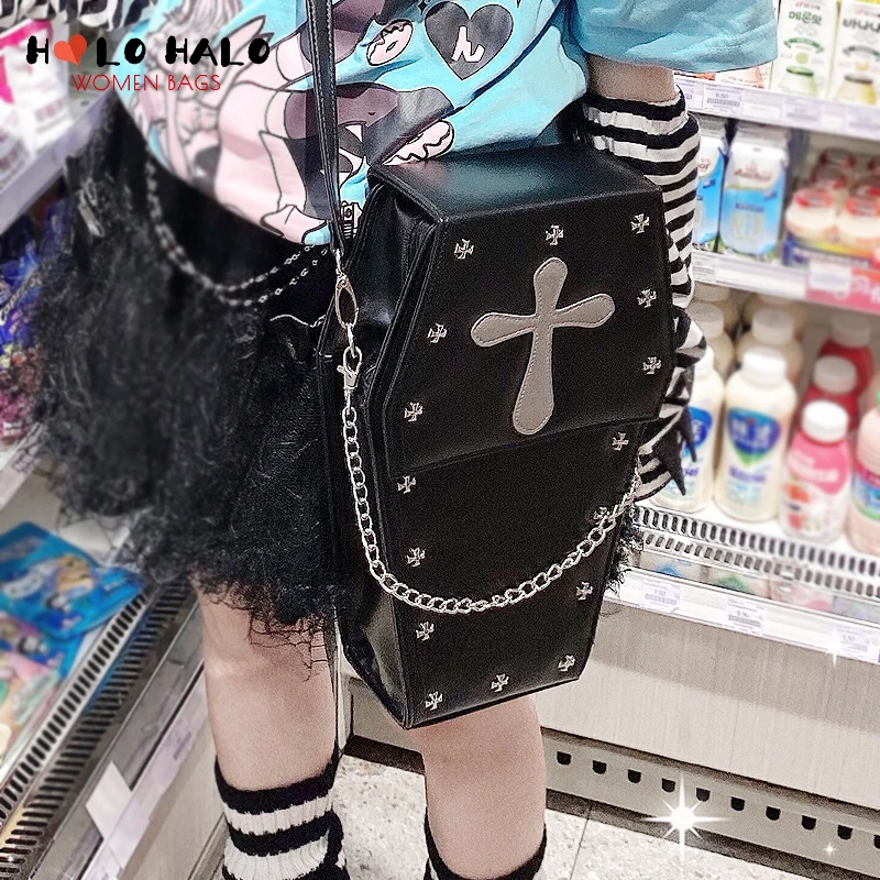 Punk Goth Style Women\'s Backpack Coffin Shape Lolita School Bags for Teenagers Girls Student Bookbag Female Black Backpack 2021