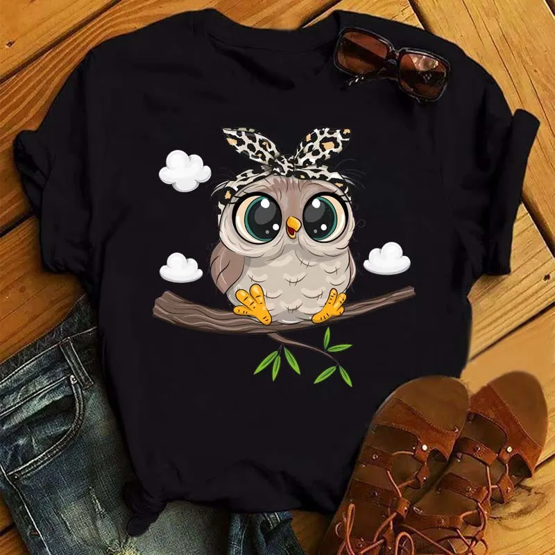 Maycaur Cartoon Owl Print T Shirt Women Kawaii Graphic Shirts Casual Short Sleeved Black Female Tee O-neck Harajuku T-shirts