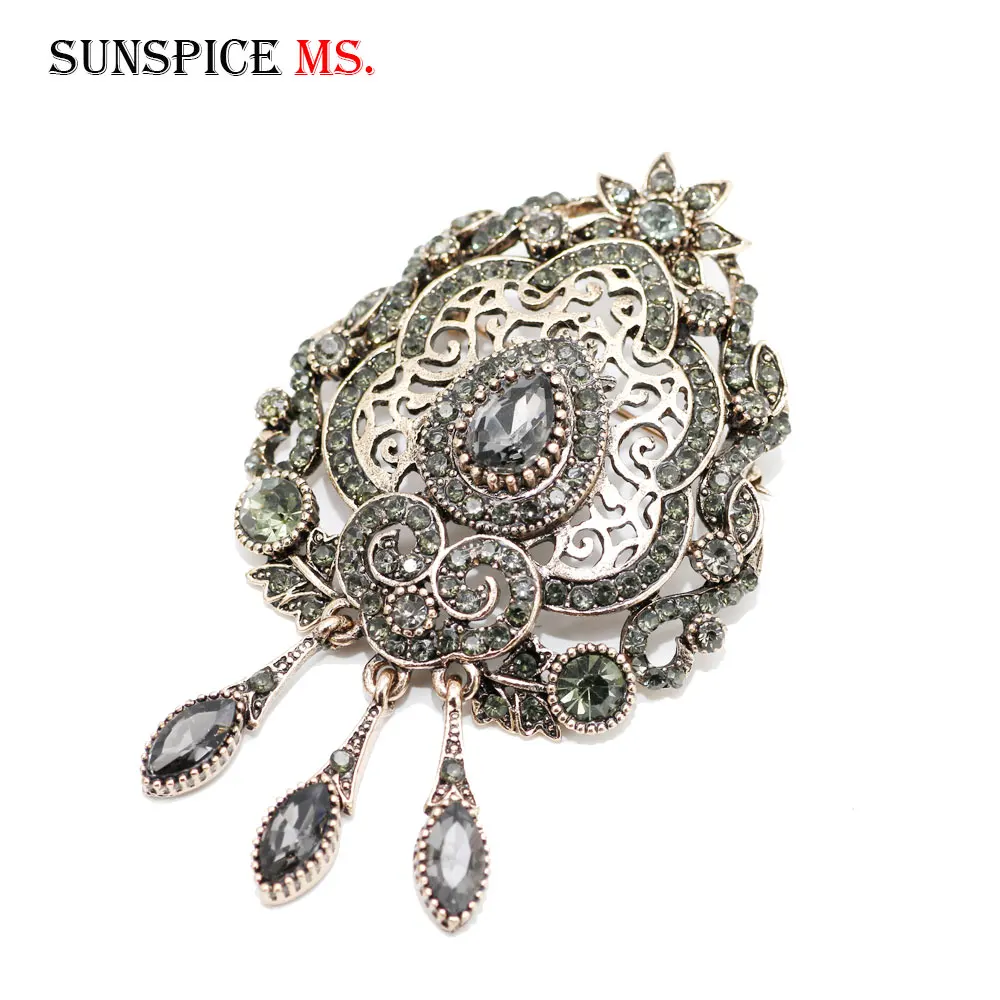 Sunspicems Bohemia Crystal Brooch Pins Turkish Metal Scarf Clothing Flower Broches Brooches Arab Gray Stone Jewelry Christmas