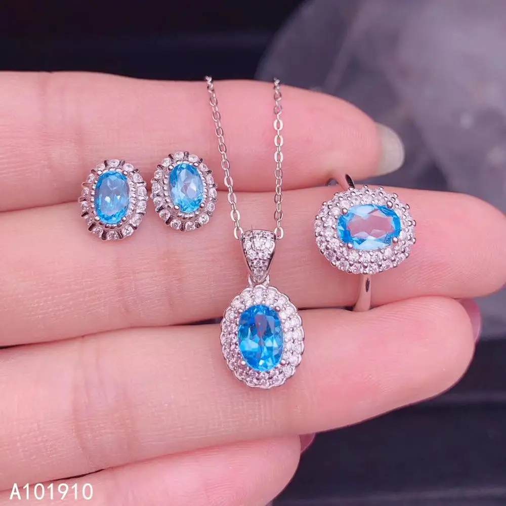 

KJJEAXCMY boutique jewelry 925 sterling silver inlaid Natural blue topaz Necklace Ring earring Suit Support detection fashion