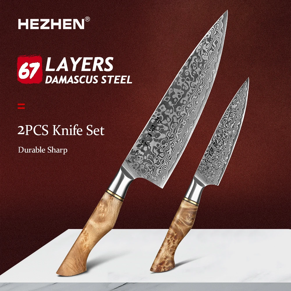 HEZHEN 2PC Kitchen Knife Set Chef Utility 67 Layers Damascus Steel Durable Sharp Cook Tools Professional Knives