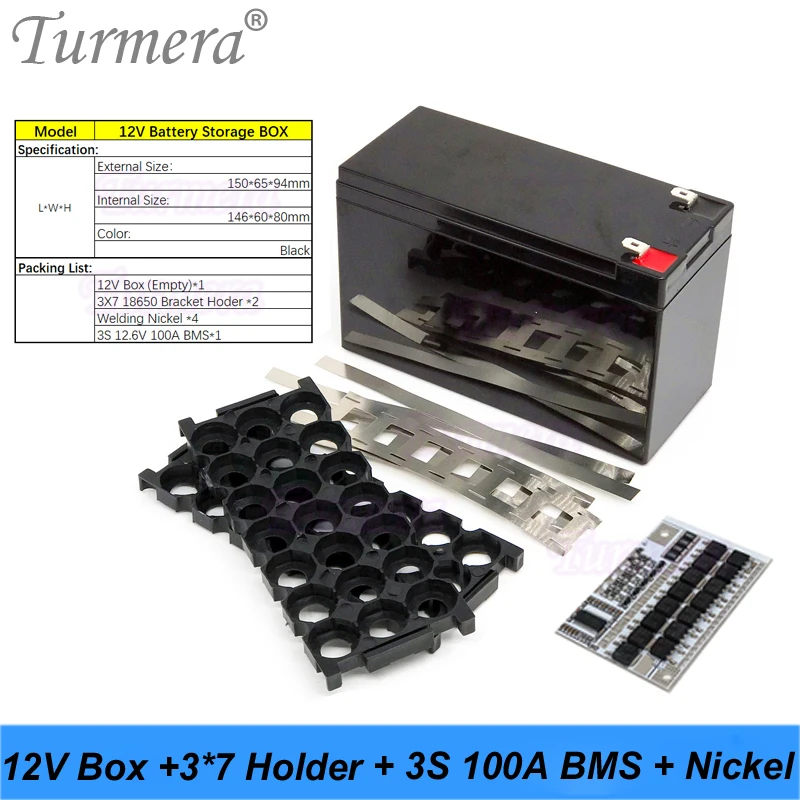 Turmera 12V 7Ah to 24Ah Battery Storage Box 3X7 18650 Holder 3S 100A BMS with Welding Nickel Use in Motorcycle Replace Lead-Acid