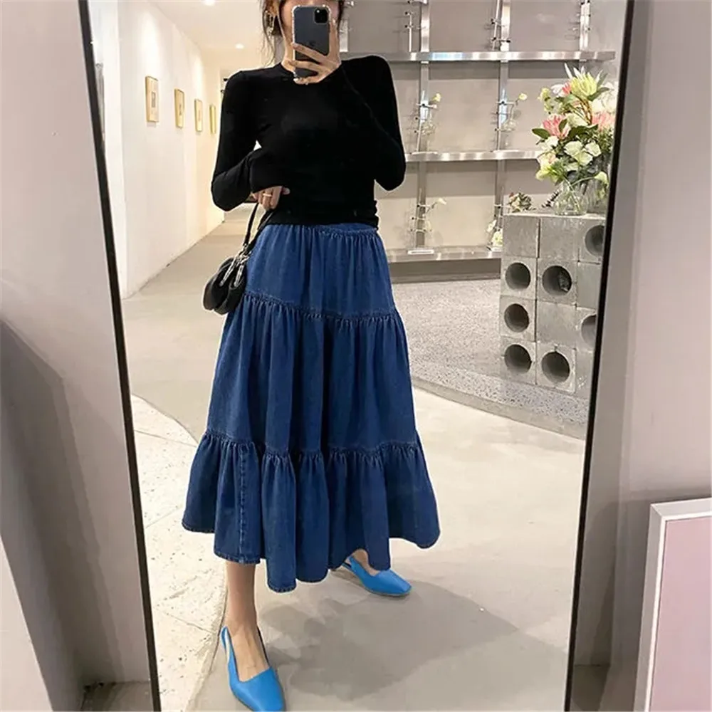 

Plus Size 5xl Loose Long Stitching Cake Pleated Skirt Women Autumn Blue Denim Skirt Korean Fashion Simple Vintage Long Skirt