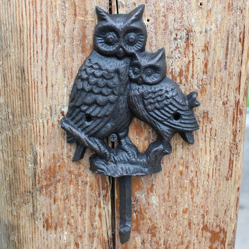 Antique Black Cast Iron Owl Wall Hook With 1 Hanger Farm House Accents Handmade Mother Baby Animal Design Home Garden Decor Rack