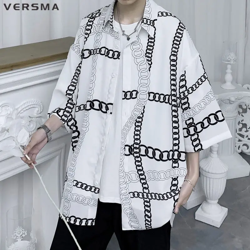 

VERSMA Japanese Harajuku Chiffon Long Sleeved Shirt Men Women Summer Vintage Chain Printed Short Sleeve Shirt Male Dropshipping