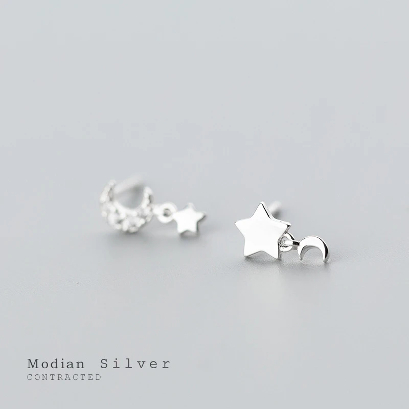 Modian Moon Clear CZ Swing Stud Earrings Sparkling Stars 925 Sterling Silver Charm Exquisite Studs Ear For Women Fine Jewelry