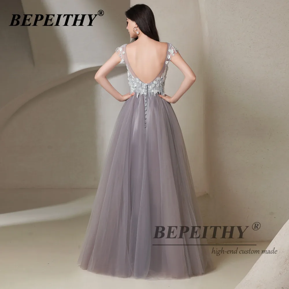 BEPEITHY Customized  A-line Cap Sleeves Evening Dress For Women White Lace Top Open Back Formal Prom Dresses 2023 Luxury Gowns