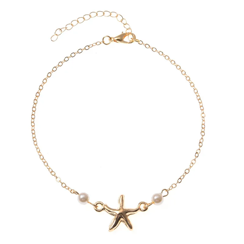 Trendy Summer Imitation Pearl Five-pointed Star Chain Anklet Woman Bohemian Vintage Footwear Leg Bracelets Female Foot Jewelry