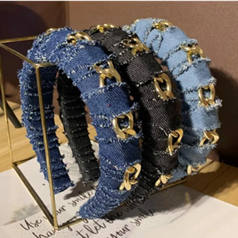 New Headwear Solid Denim Padded Headband for Women Hair Accessories European Style Thick Sponge Hairband with Metal Chains