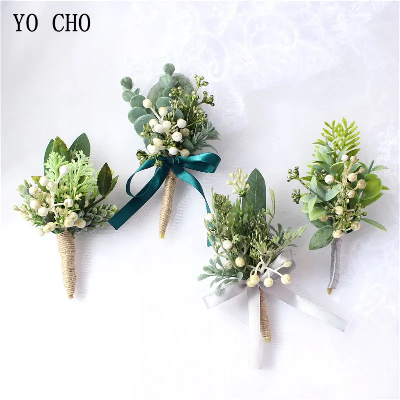 YO CHO Artificial Eucalyptus Plant Leaf Pine Needle Boutonniere Groom Corsages White Green Berries Forest Style Wedding Supplies