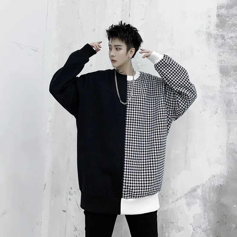 Spring new dark INS personality Houndstooth black-and-white stitching men's loose hip-hop Hoodie jacket