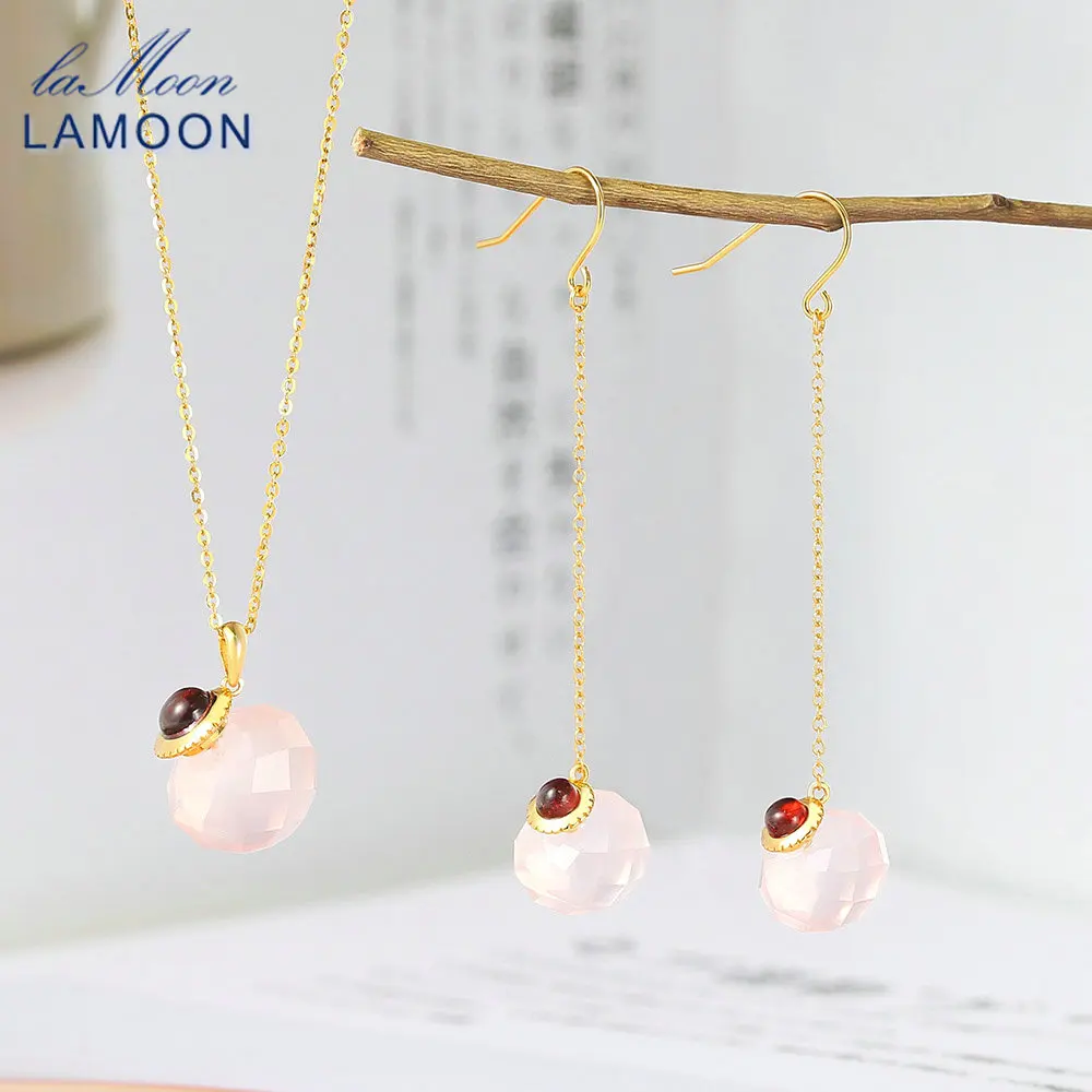 

LAMOON 925 Silver Gemstone Jewelry Set For Women Crystal Ball Natural Big Rose Quartz Garnet 14K Gold Plated Fine Jewelry V091